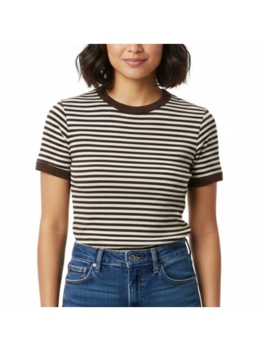 Express Y2K Baby XS Brown Cream Striped Waffle Knit Short Sleeve Crewneck Top